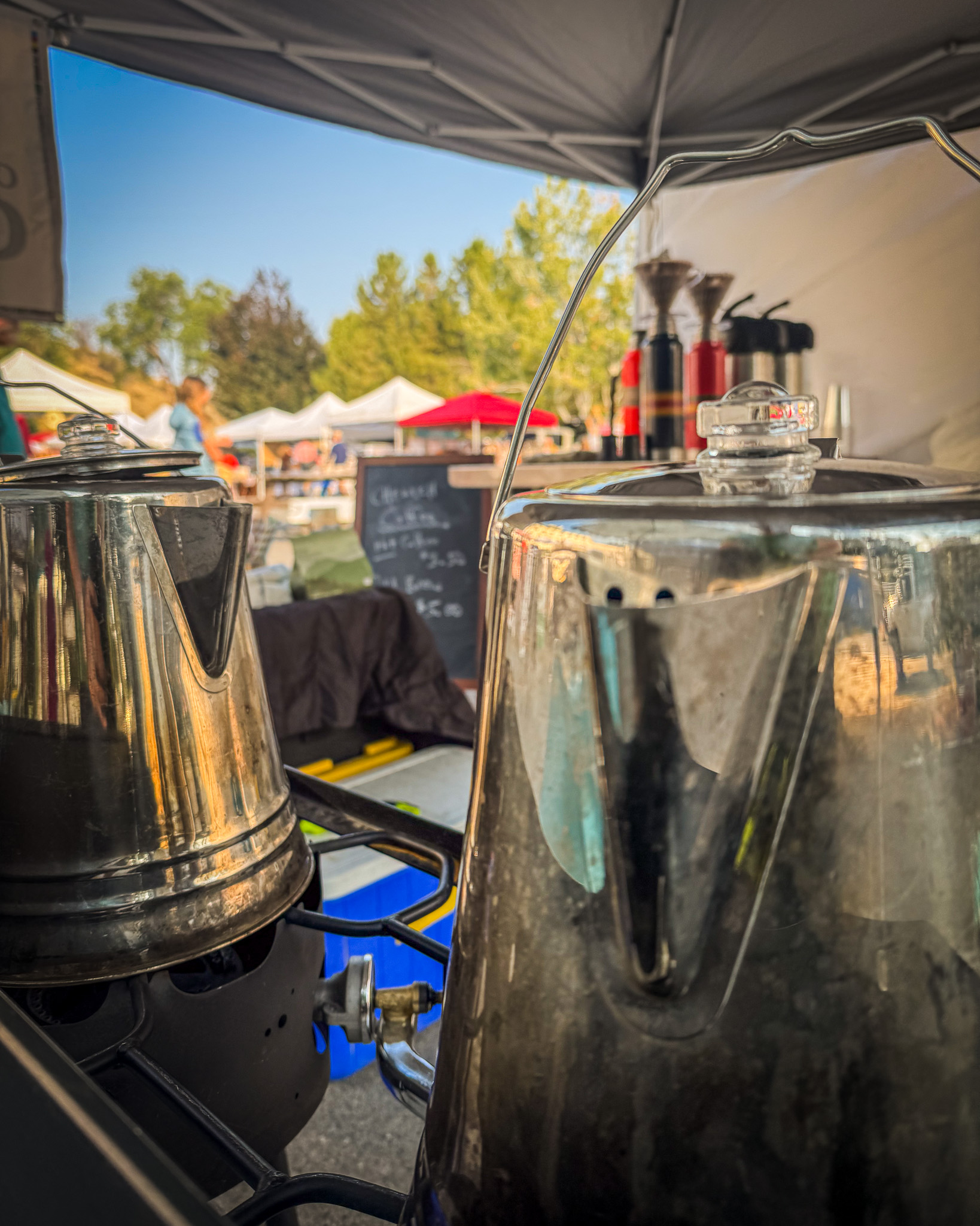 Kettles for brewing coffee at the Methow Valley Farmers Market.