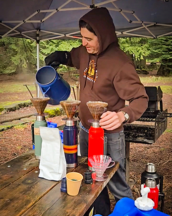 Sean Downes owner of Chewuch Coffee, brewing.